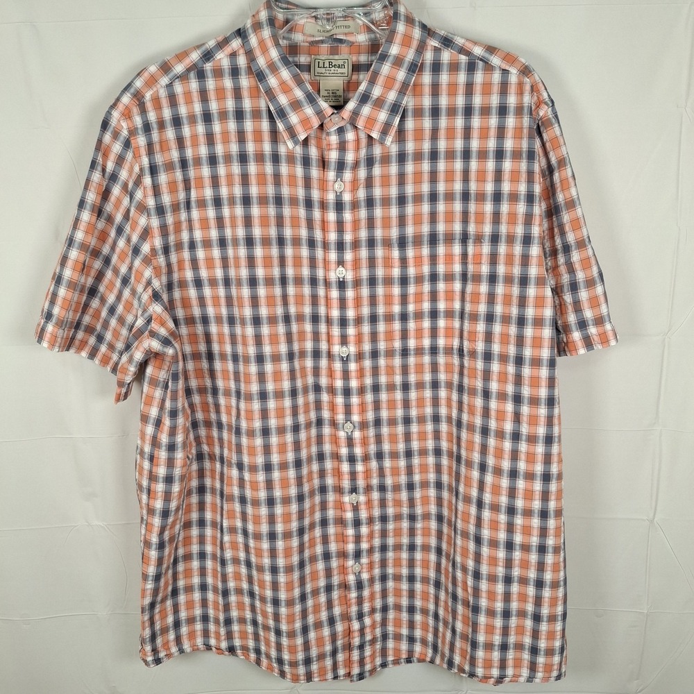 LL Bean Men's XL Short Sleeve Shirt Orange Gray Check Plaid Slightly Fitted